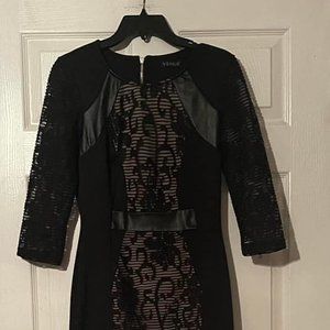 WOMENS size M~ BLACK LACE FAUX LEATHER INSERTS~ 3/4 SLEEVE~ BODYCON  ..